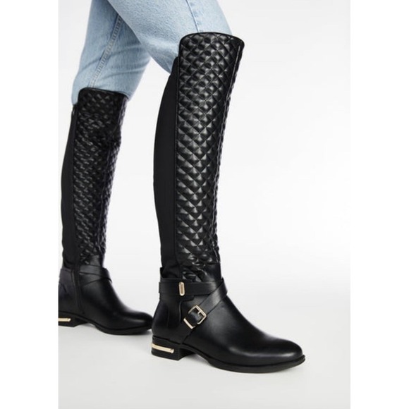 JustFab Shoes - Annabeth by JUSTFAB (SHOEDAZZLE) Black quilted faux leather riding boots, SZ 7